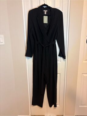 Black Belted Blazer-Style Long Sleeve Jumpsuit